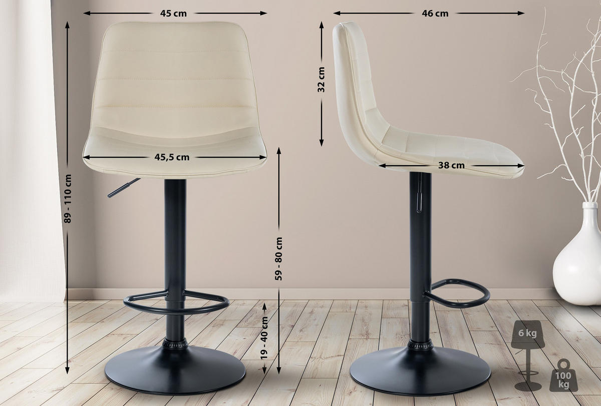 BARHOCKER Lexus Kunstleder Schwarz creme - Schwarz/Naturfarben, Kunststoff/Metall (45/110/46cm) - TPFLiving