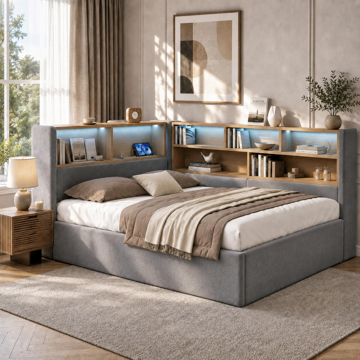 BETT 140/200 mit Bettkasten, LED und USB-C in Grau - Grau, Holzwerkstoff/Textil (140/200cm) - EVRYAE