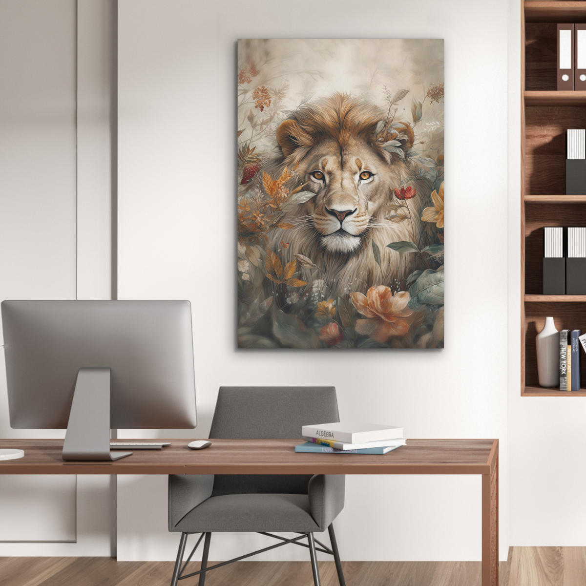 AKUSTIKBILD Löwe - Wildtiere - Pflanzen - Natur - Blumen Wanddeko 60x90 cm - Beige, Kunststoff (60/90/0.9cm) - MuchoWow