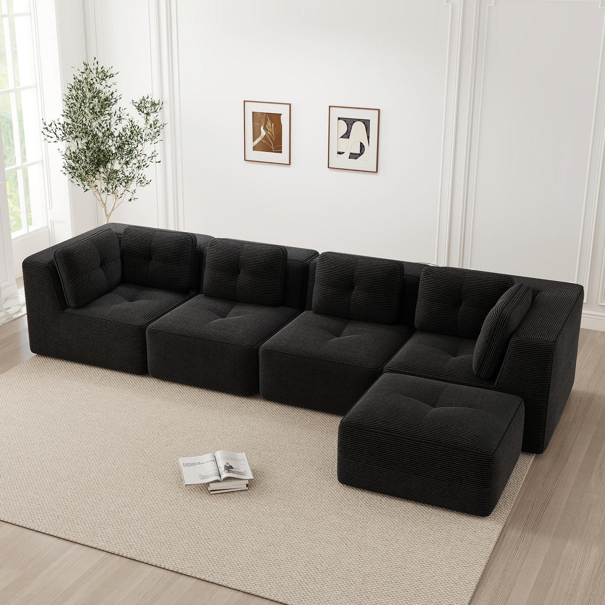 4-SITZER ECKSOFA Cord Schwarz mit Kissen und Hocker - Schwarz, Textil (386/177cm) - WISHDOR