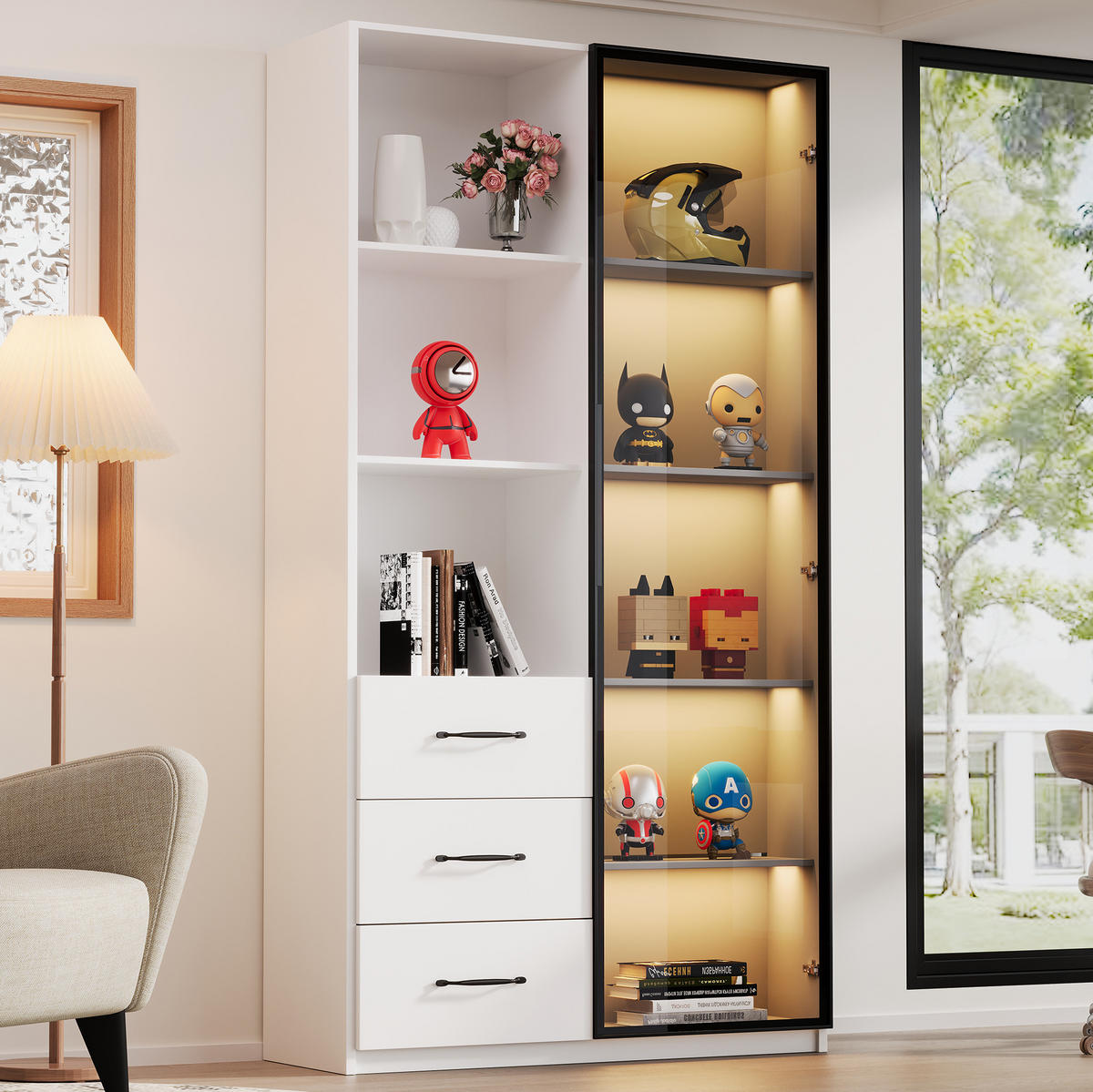 HIGHBOARD 80/40/160 cm in Weiß mit LED-Beleuchtung und 3 Schubladen - Weiß, Holzwerkstoff (80/160/40cm) - Flora Grace