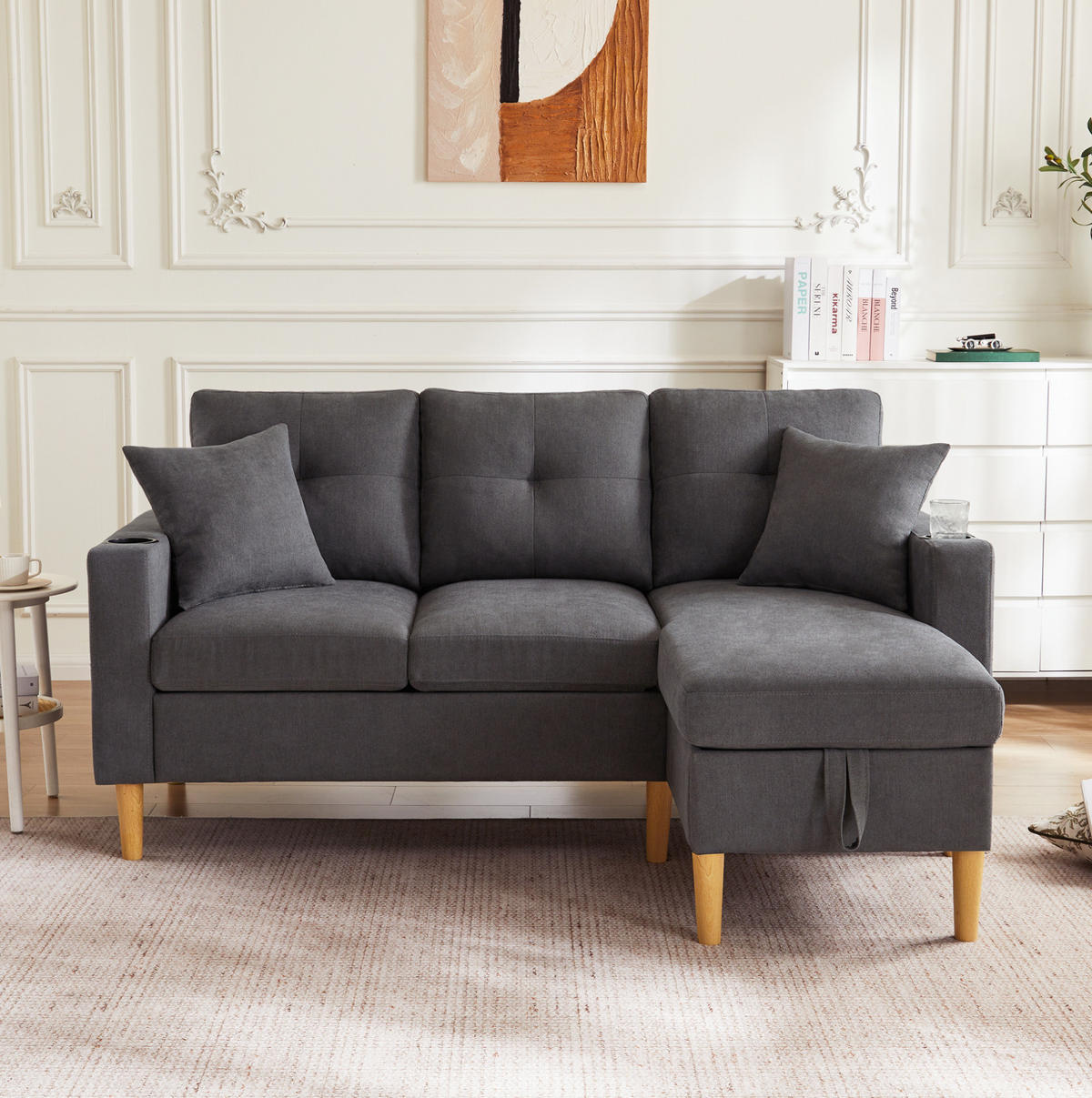 SOFA mit Chaiselongue 175x129 cm Baumwoll-Leinenstoff Dark Gray - Dunkelgrau, Textil (175/129cm) - IVMEU