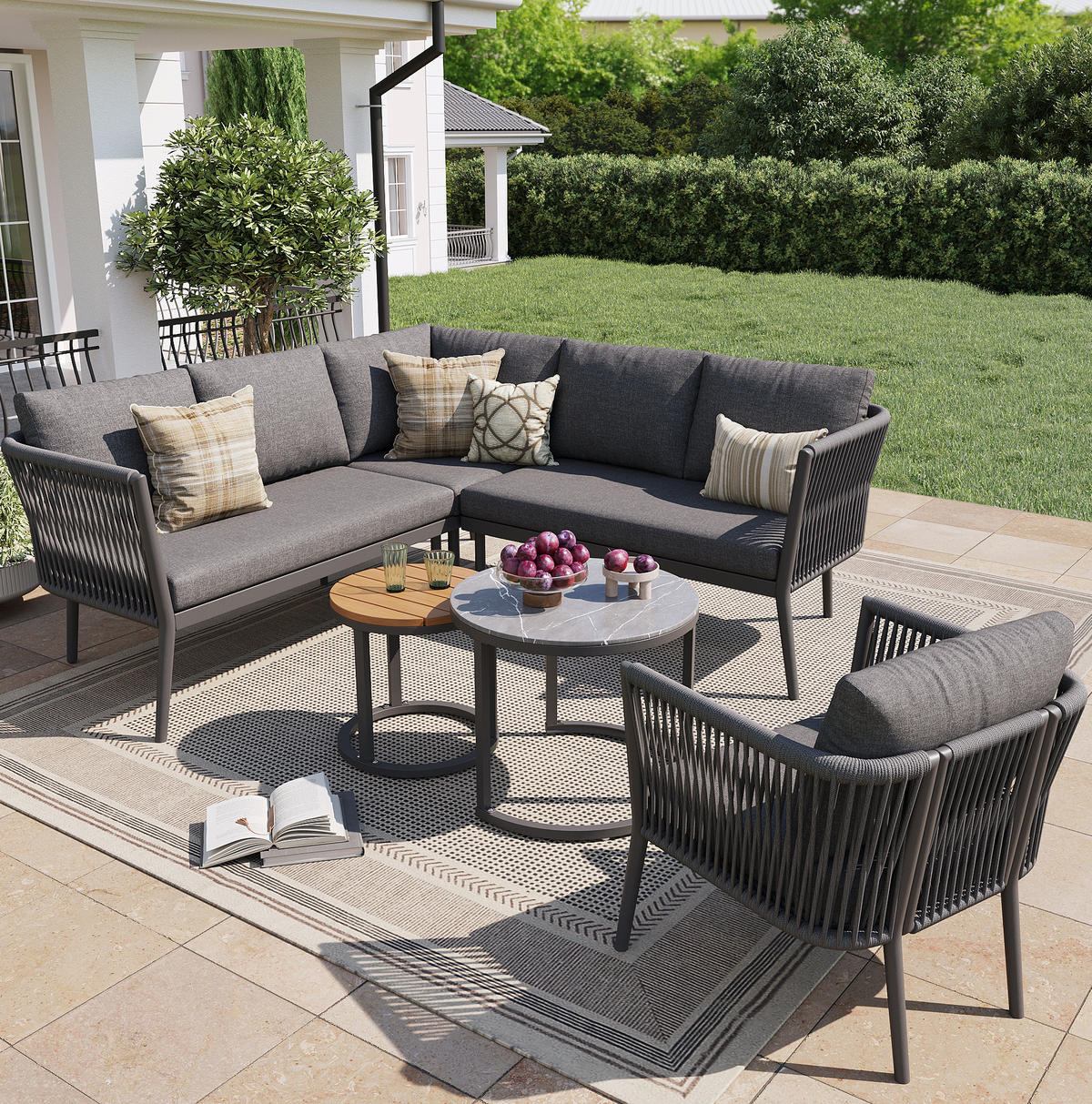 GARTENLOUNGE-SET 6-teilig 114,5/61/67 cm aus Metall und Olefin, modular mit 2 Tischen und verstellbaren Füßen, Grau - Grau, Metall - Redom
