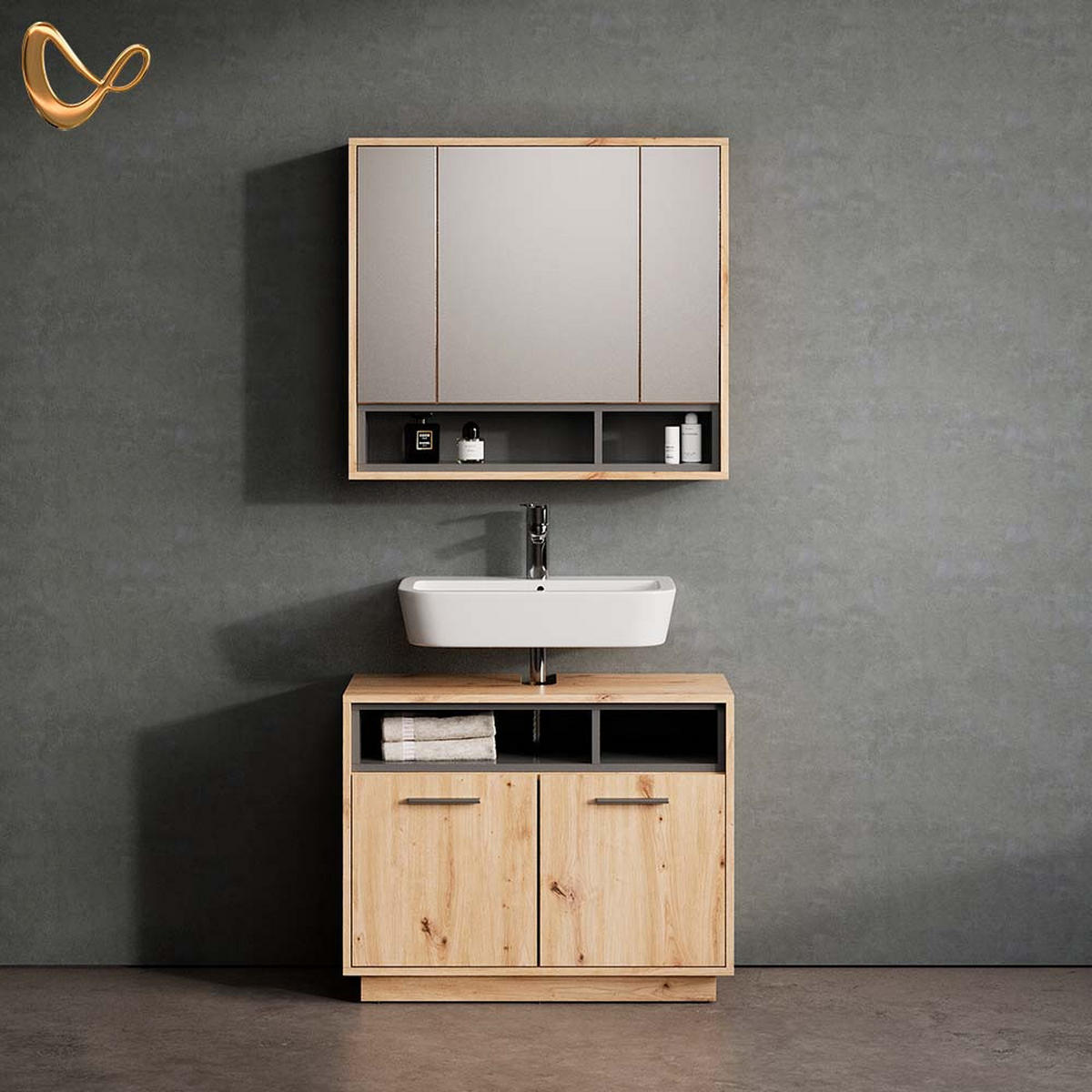 BADMÖBEL-SET Temo Artisan-Eiche 2 Teile - Anthrazit/Eiche Artisan, Holzwerkstoff (80/64/40cm) - Livinity®
