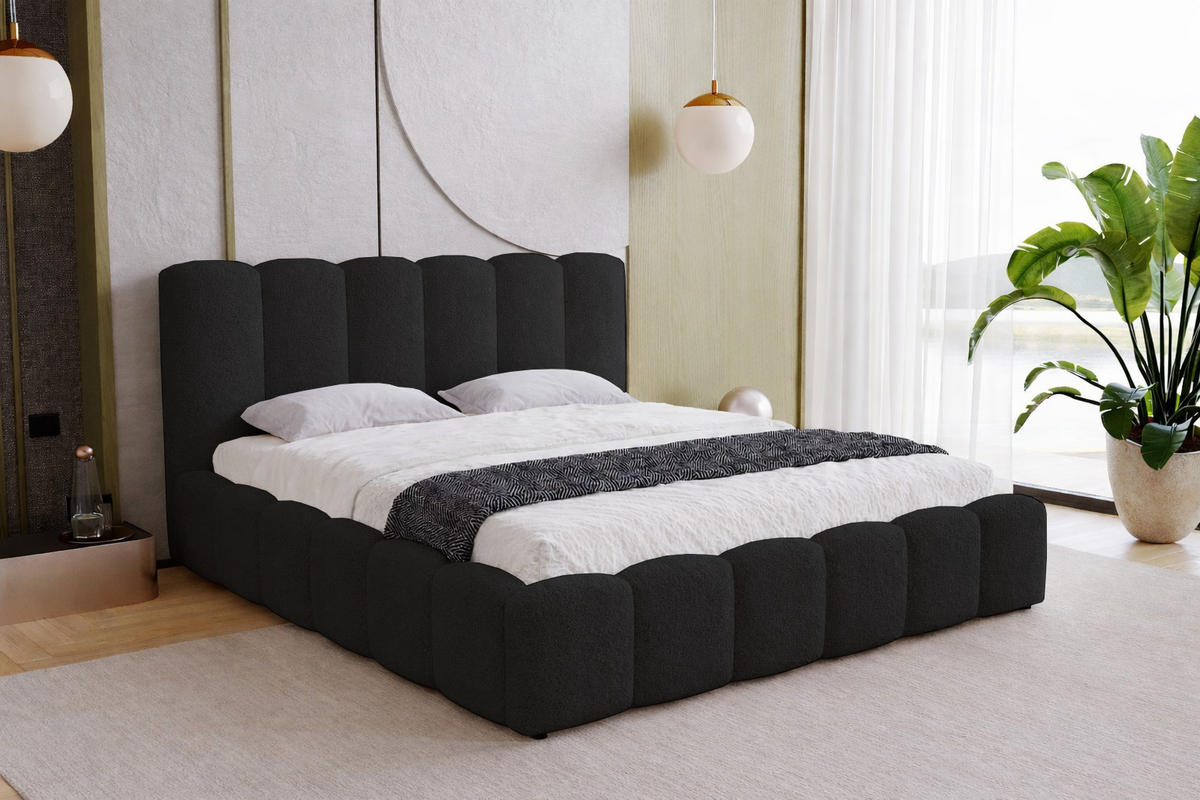 DOPPELBETT 140x200 Florent, Bettkasten, Boucle, Schwarz - Schwarz, Holz/Textil (140/200cm) - Emporius