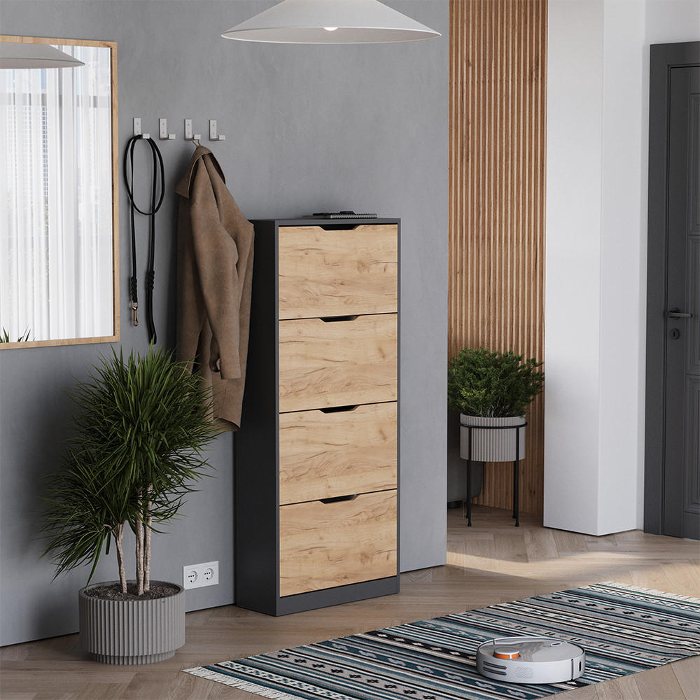 Thumbnail - Vicco Schuhkipper, Anthrazit, Honigeiche, Holzwerkstoff, 4 Fächer, 59x137x22 cm, Garderobe, Schuhaufbewahrung, Schuhkipp...