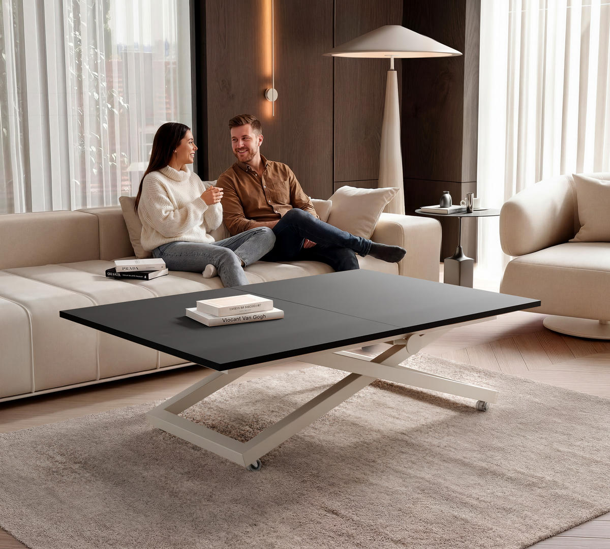 COUCHTISCH ARIA 120-160/80 cm, Höhenverstellbar, Kaschmir / Schwarz - Kaschmir/Schwarz, Holzwerkstoff/Metall (120/80/38cm) - Idohome