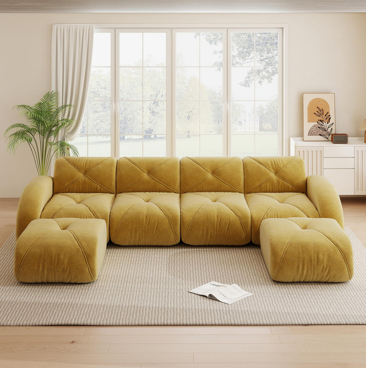 SOFA Modulsofa 4-Sitzer Chenille Yellow mit 2 Hockern - Gelb, Kunststoff (171/76/358.1cm) - Meubliv