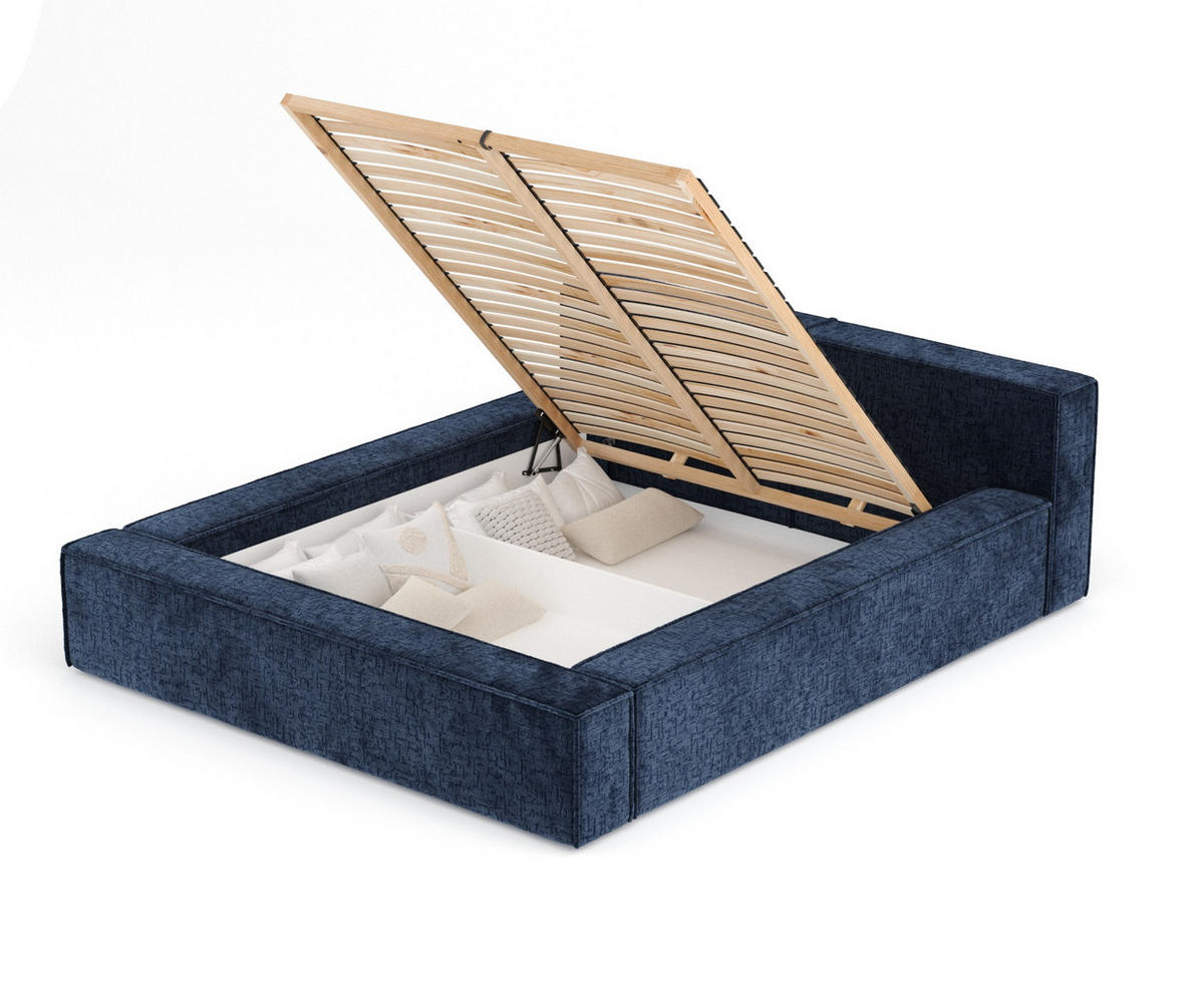 POLSTERBETT Voliera Marineblau 140/200 cm im Chenille-Stoff - Birkefarben/Schwarz, Holz/Holzwerkstoff (140/200cm) - Maison de Reve