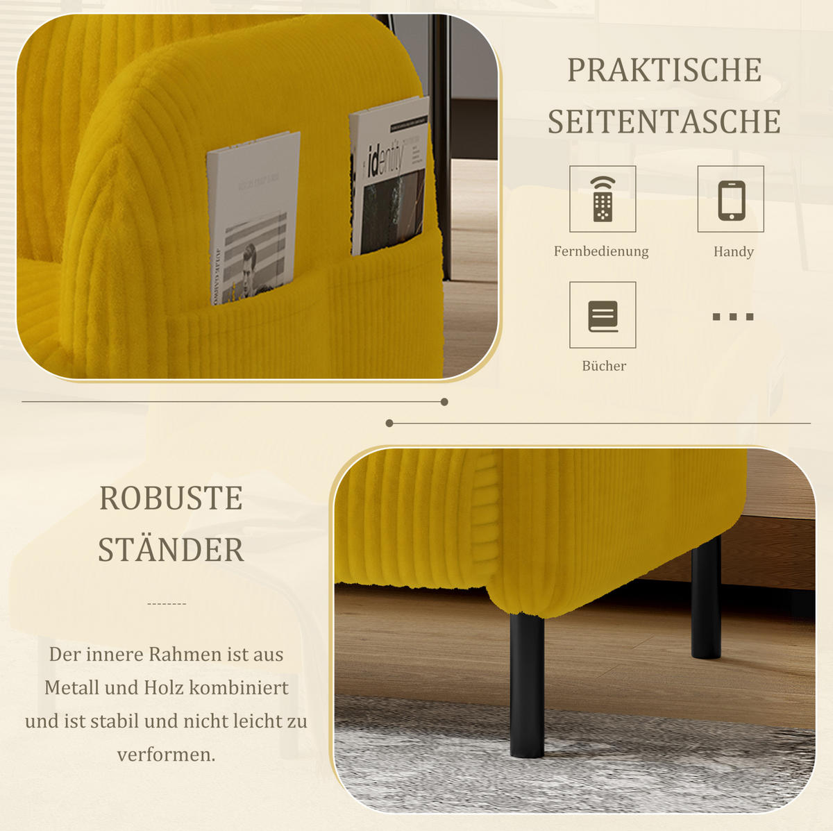 SOFA 2-Sitzer Cord 120 x 75 x 79 cm Gelb - Gelb, Holzwerkstoff (120/79/75cm) - Meubliv