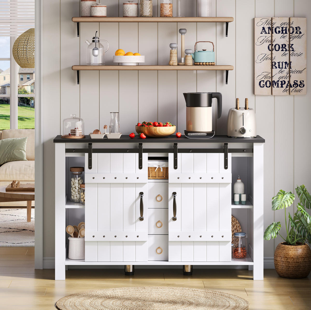 SIDEBOARD 120/40/80 cm in Weiß mit Schiebetüren und 3 Schubladen - Weiß, Holzwerkstoff (120/80/40cm) - Flora Grace