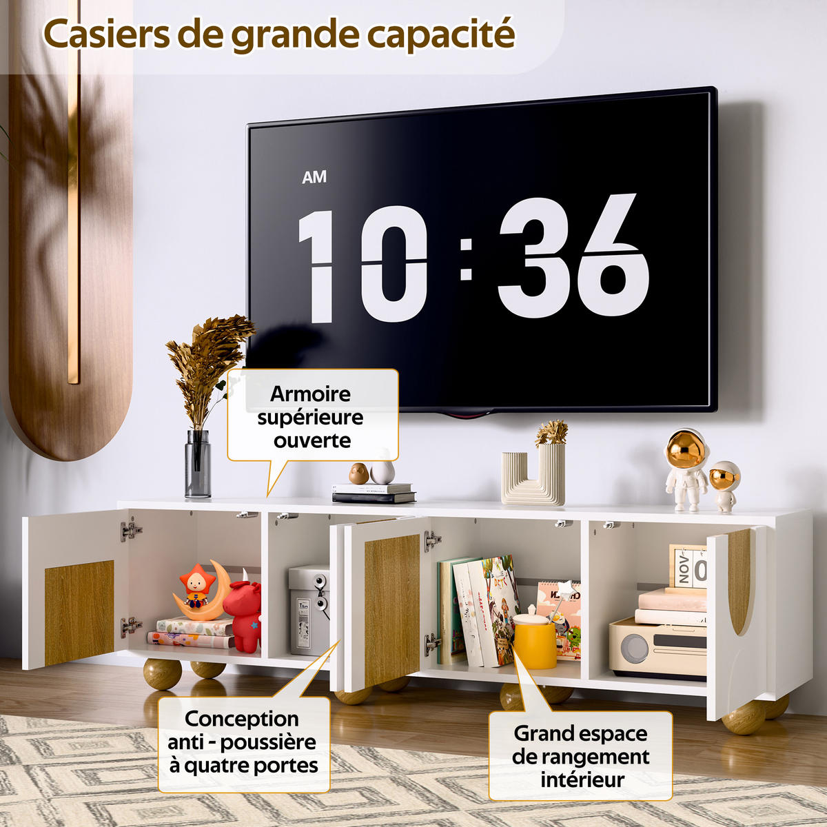 TV-SCHRANK in Natur/Weiß mit 4 Türen und Holzbeinen 175/38/50 cm - Weiß, Holzwerkstoff (175/50/38cm) - Redom