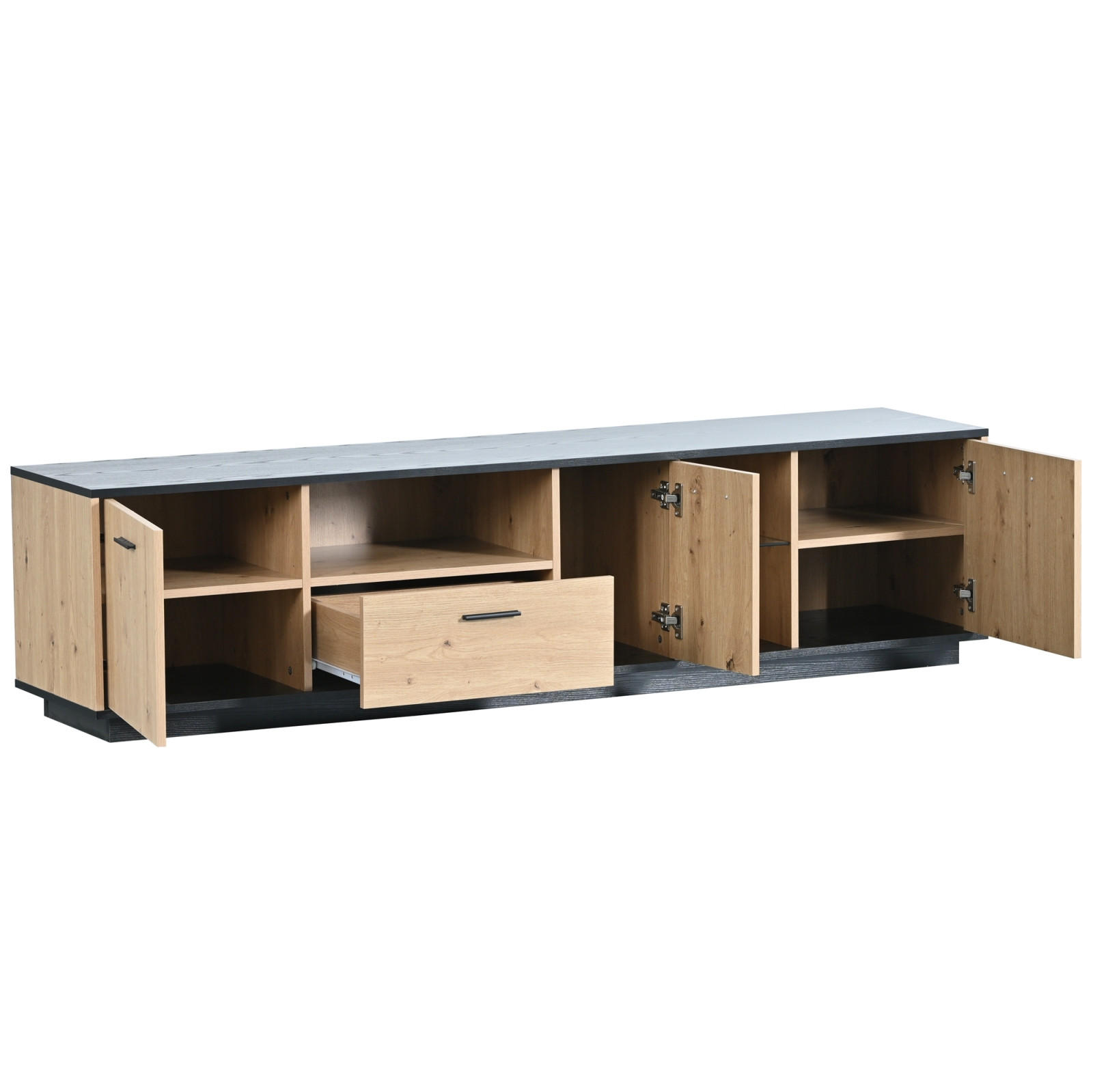 TV Lowboard 180x40x45 cm, 3 Türen, 2 Glasregale, Natur - Schwarz, Holz (180/50/40cm)