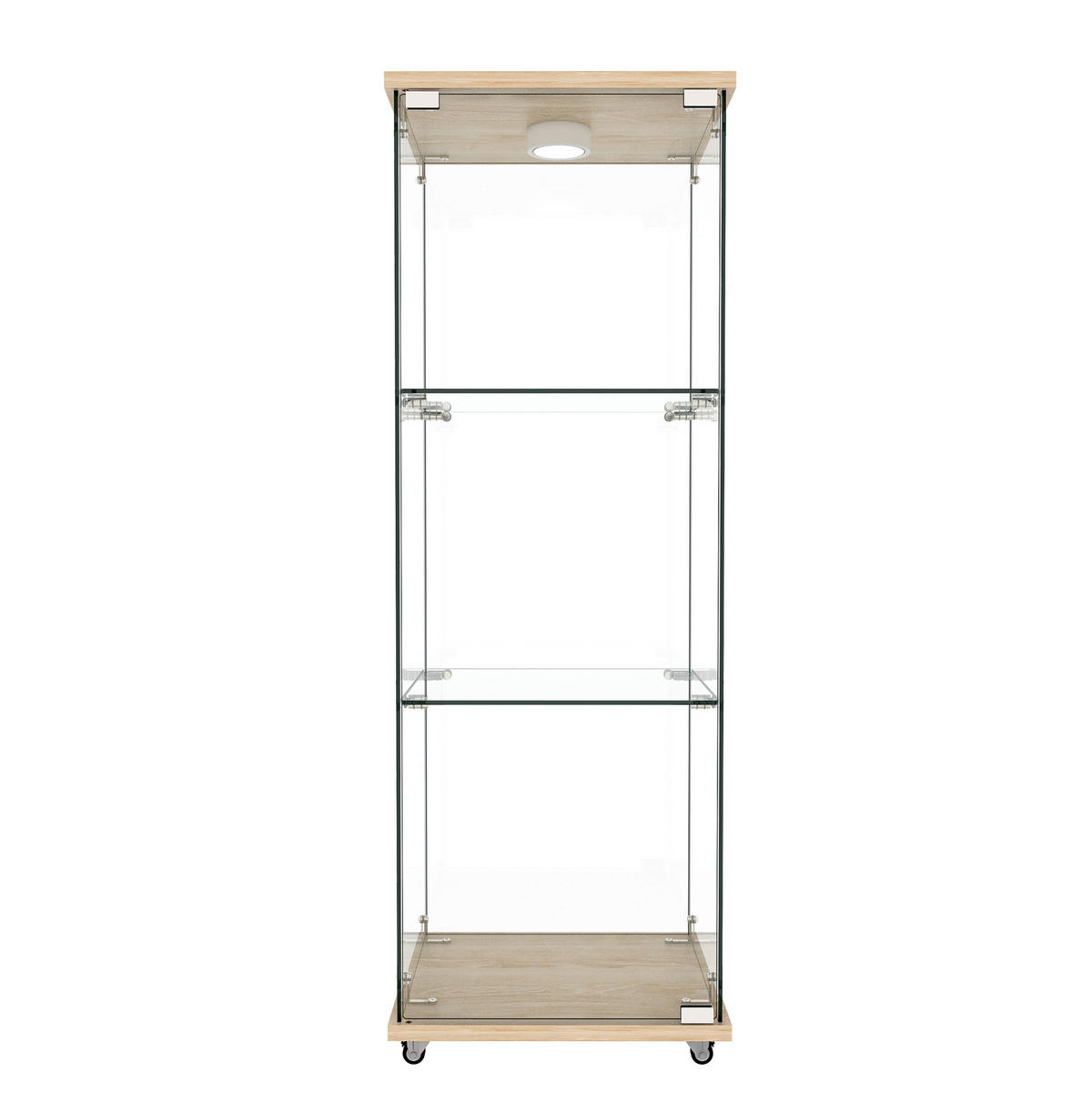 VITRINE aus MDF und Glas 36,5x42,5x120 cm Natur mit LED-Beleuchtung, Glastür und Rollen oder festen Füßen - Naturfarben, Holzwerkstoff (42.5/120/36.5cm) - Modfu