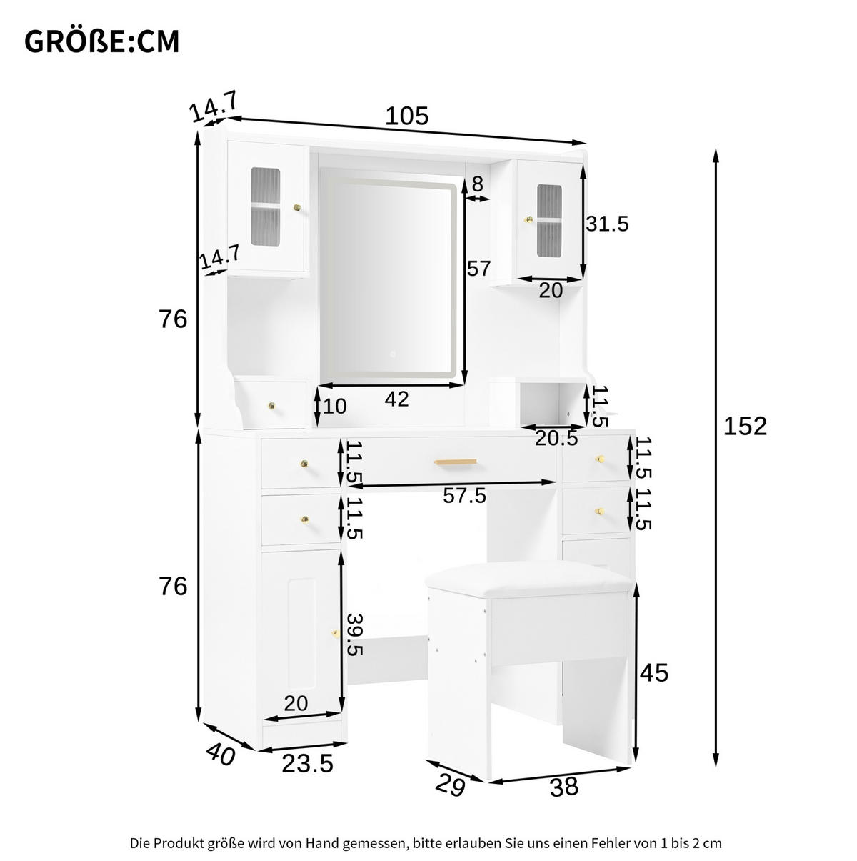 SCHMINKTISCH 105/40/152 cm in Weiß mit LED-Beleuchtung und 6 Schubladen - Weiß, Holzwerkstoff (40/152/105cm) - Flora Grace