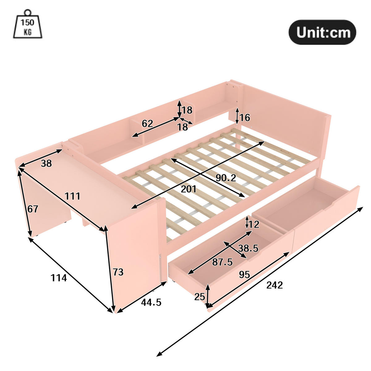 RAHMENBETT 90/200 cm mit Schreibtisch und 2 Schubladen in Rosa - Rosa, Holz - BEAOK