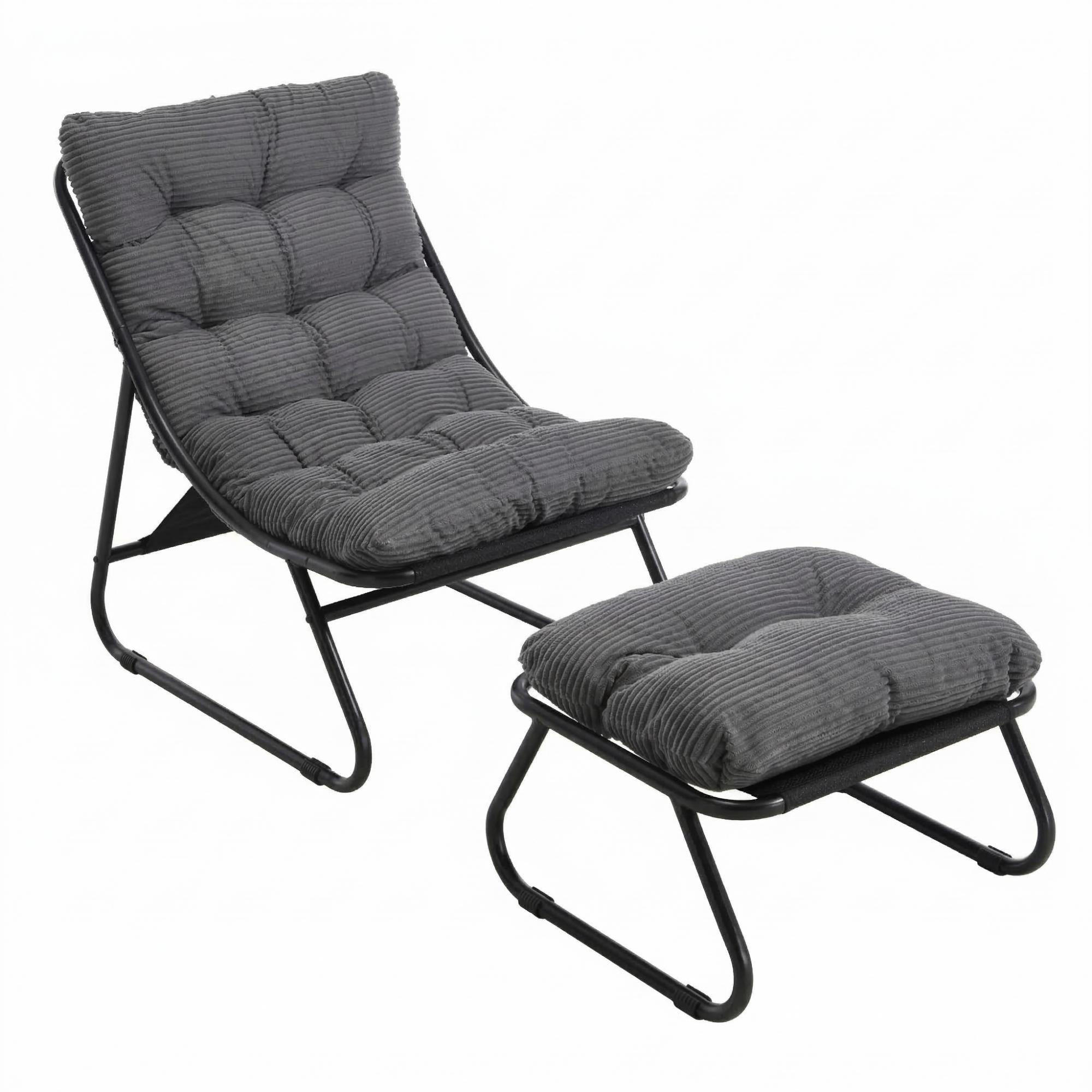 SESSELSET, Relaxsessel mit Hocker,Stahlrahmen,Cord,Grau - Dunkelgrau, Metall (78/86/65cm) - LVHOM