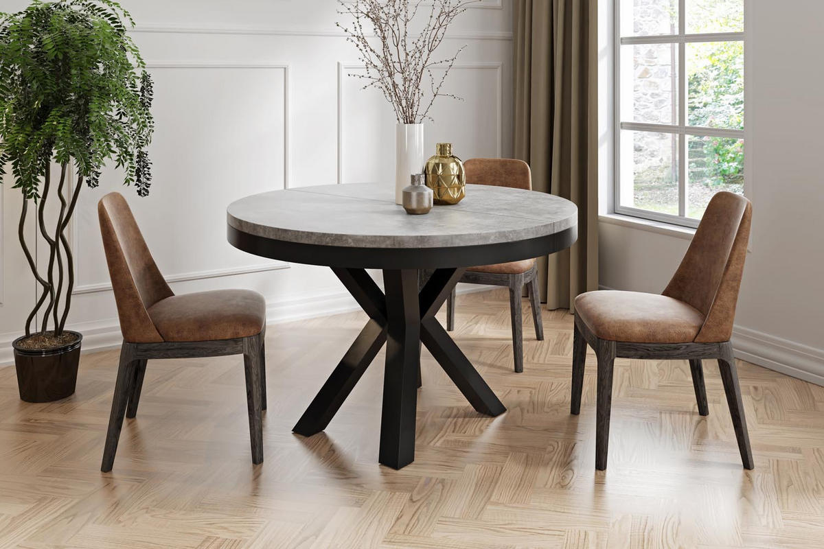 ESSTISCH Clara runder ausziehbarer, Grauer Beton 100-180/100/76 cm - Hellgrau/Schwarz, Holzwerkstoff/Metall (100/100/76cm) - WFL GROUP