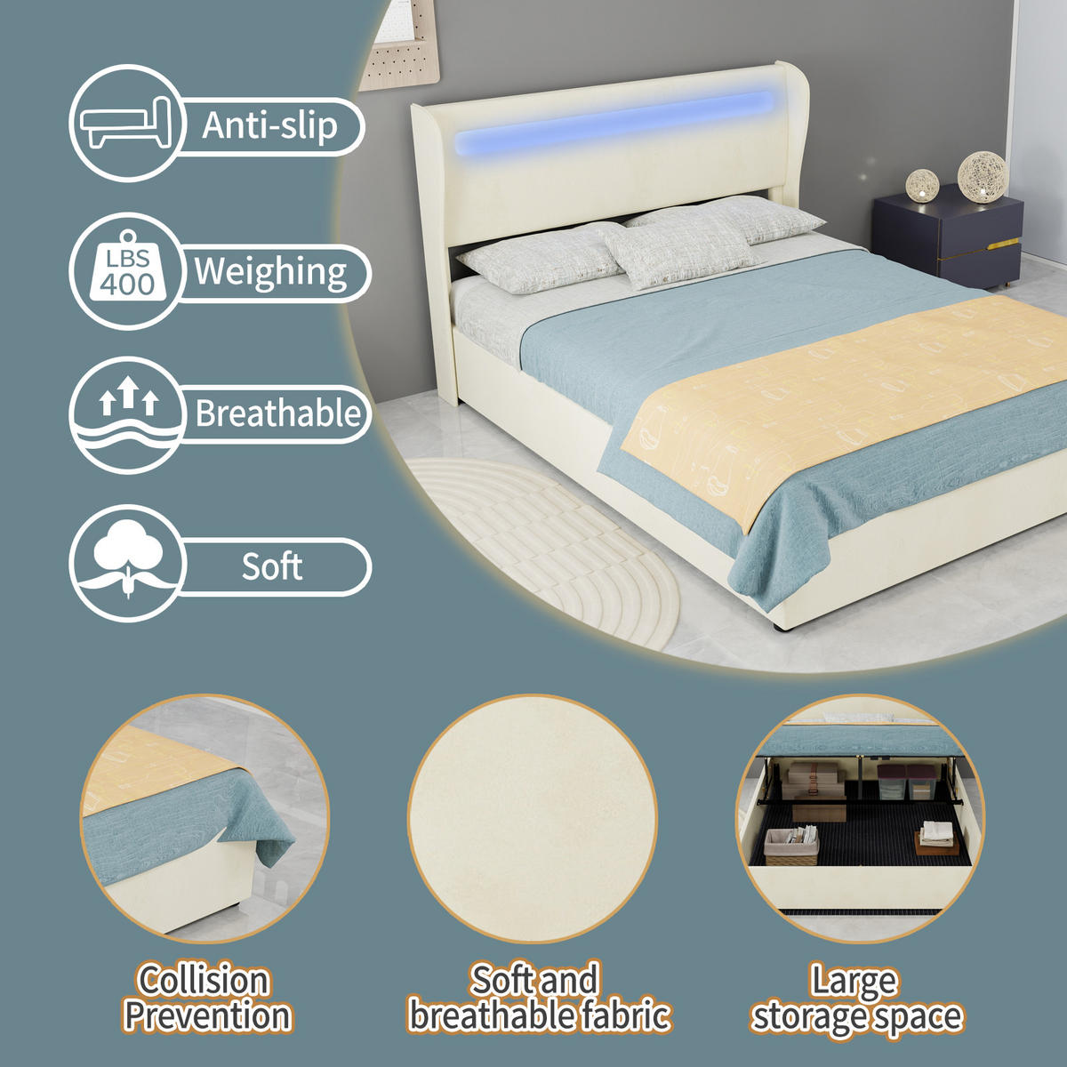 STAURAUMBETT 140/200 cm DE-33013 mit LED-Kopfteil und Gaslift-Stauraum Beige - Beige, Metall (140/200cm) - ComfortXL