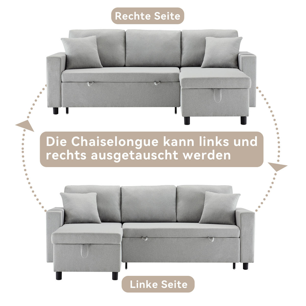 ECKSCHLAFSOFA Leinen mit Stauraum und wechselbarer Chaiselongue Grau 219,5/142,5/83 cm - Grau, Textil (83/142.5cm) - Redom