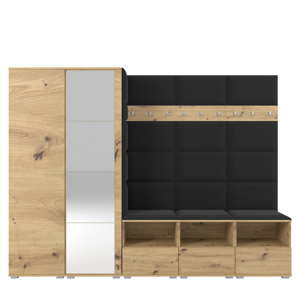 GARDEROBE NELA VII 250 cm (Modulare Flurmöbel XL Artisan Eiche mit Spiegel & Sitzpolster Schwarz 16 Universell) - Silberfarben/Schwarz, Holz/Holzwerkstoff (250/187/40cm) - Ravio