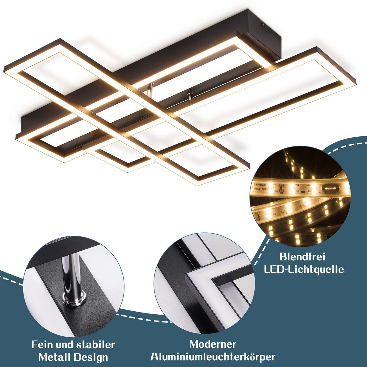 LED-DECKENLEUCHTE Mahoney 55.5/66.5/9.7cm - Schwarz, Metall (66.5/55.5/9.7cm) - Nettlife