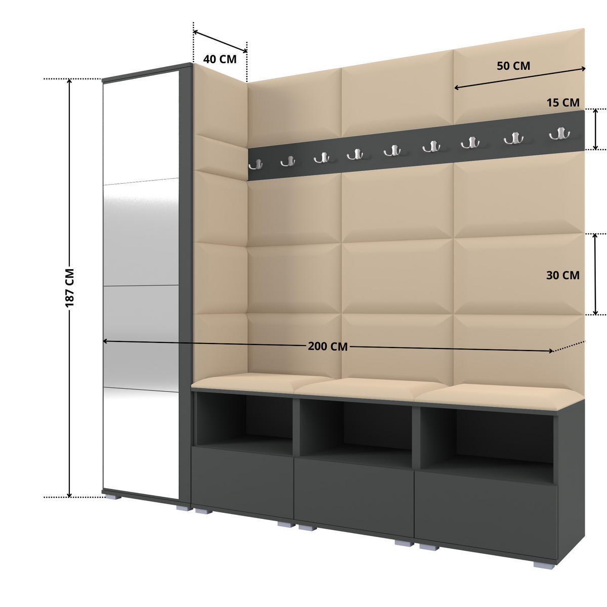 GARDEROBE NELA IX 200 cm (Modulare Flurmöbel Graphit mit Spiegel & Sitzpolster Beige 04 Breite Sitzbank) - Beige/Silberfarben, Holz/Holzwerkstoff (200/187/40cm) - Ravio