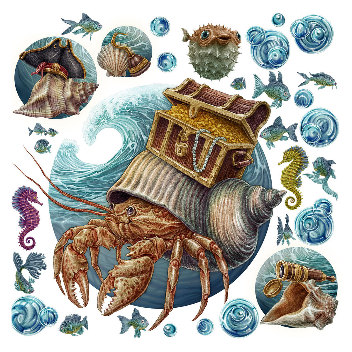 WANDAUFKLEBER 130x142cm - Die Unterwasserwelt der Krabbe - Multicolor, Kunststoff (130/142/0.1cm) - Wallfluent