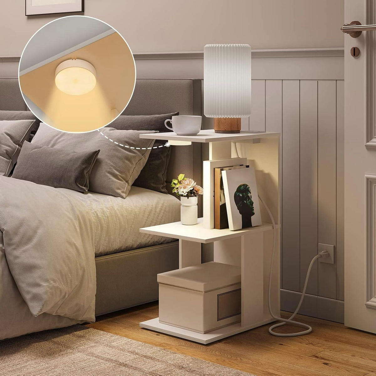BEISTELLTISCH mit Ladestation und LED-Sensorleuchte Weiß 38 x 28 x 62 cm - Weiß, Holzwerkstoff (28/38/62cm)