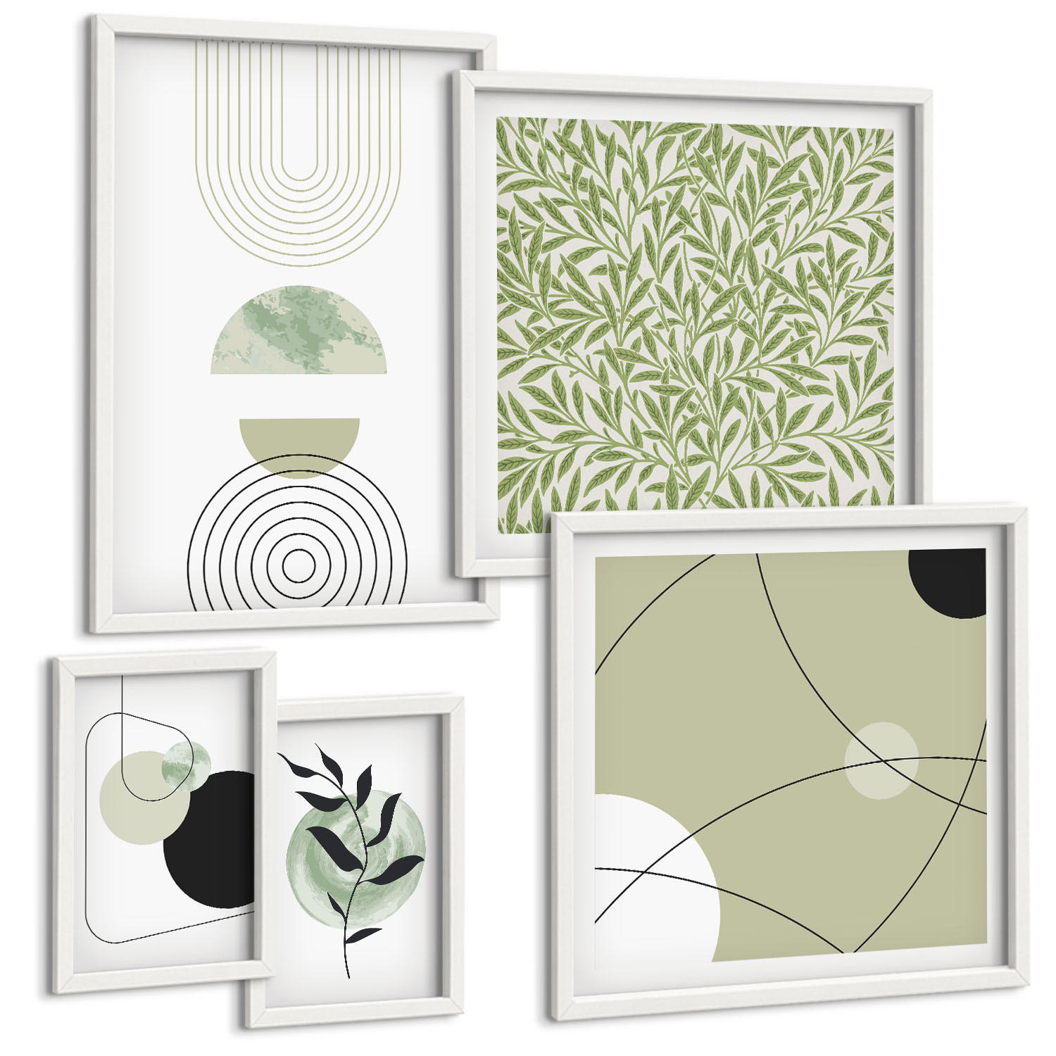 BILDER SET 5er Set - 50x50 cm & 20x30 cm & 40x60 cm Weißer Rahmen - Abstrakte Pflanzenmotive - Weiß, Kunststoff (40/60cm) - TULUP