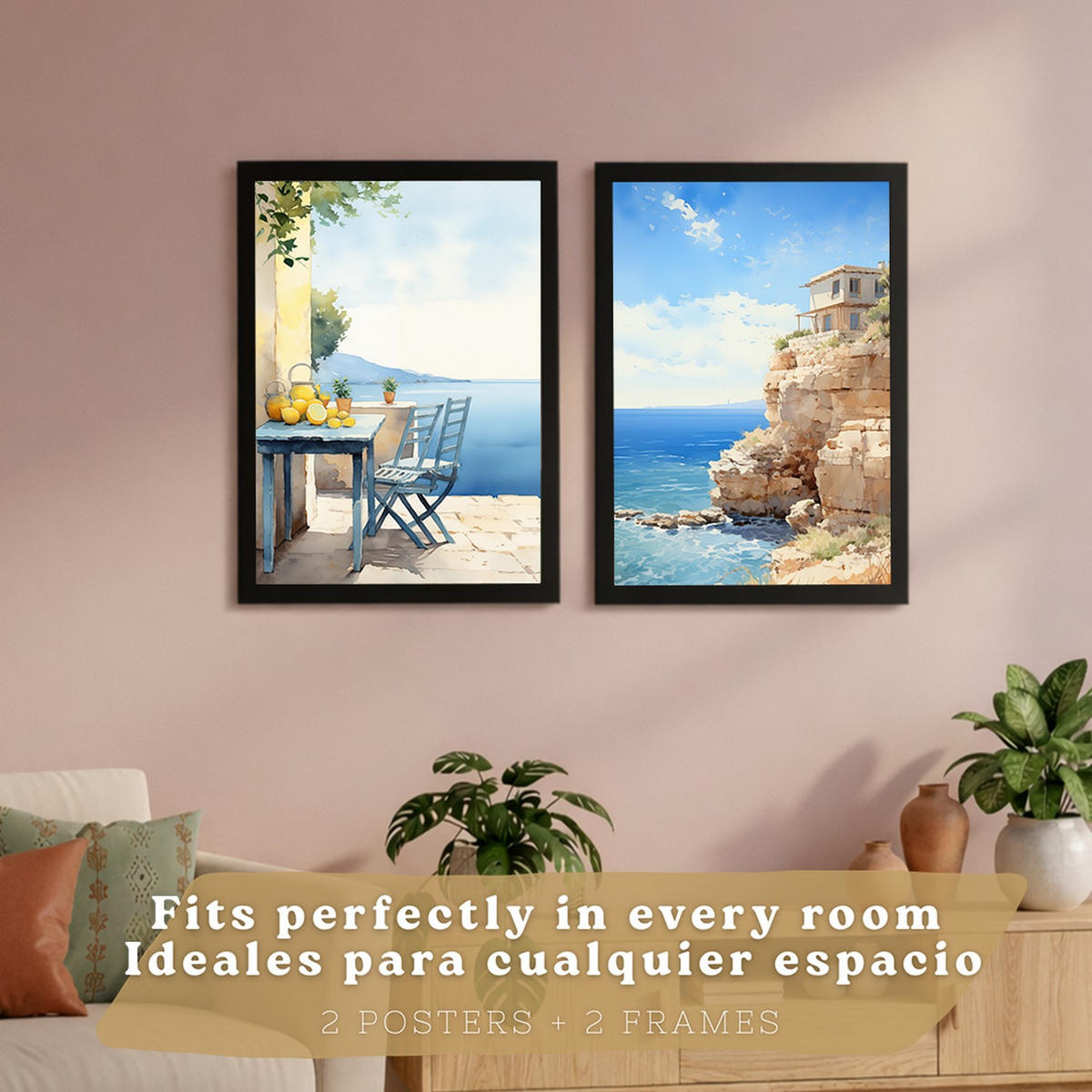 PLAKAT Sada 2 Pláž na útesech A4 Černý rám - černá, papír (29.7/1/21cm) - Nacnic