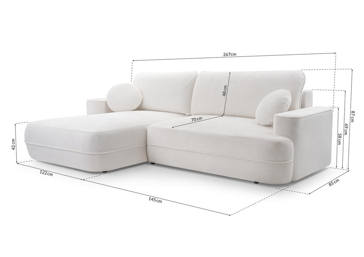 ECKCOUCH L Form Peoni Weiß 267/168/87 cm mit Schlaffunktion R - Schwarz/Weiß, Kunststoff/Textil (267/168cm) - AX Living