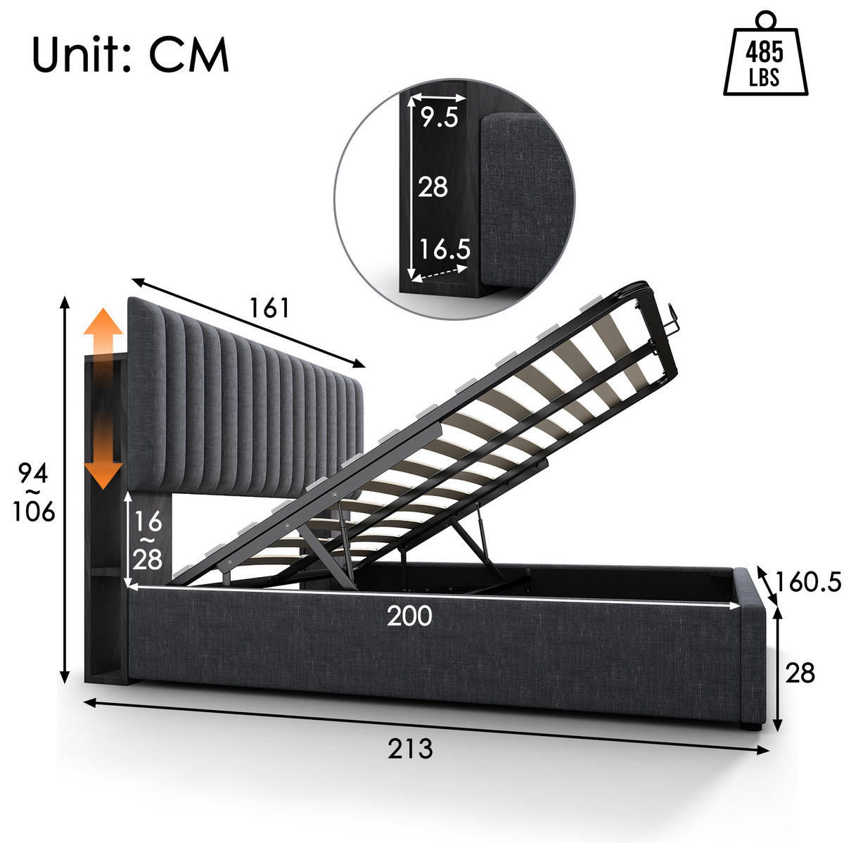 POLSTERBETT 160/200 cm aus Leinen mit LED-Kopfteil, USB- und Type-C-Anschluss, Bettkasten und verstellbarem Kopfteil, Grau - Grau, Textil (160/200cm) - Redom