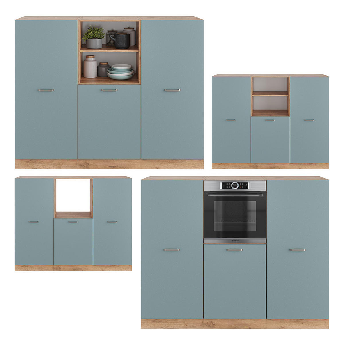 EINBAUKÜCHE R-Line Blau-Grau/Goldkraft Eiche 180 cm ohne AP - Honigeiche/Blaugrau, Holzwerkstoff (180/81.6/46cm) - Vicco