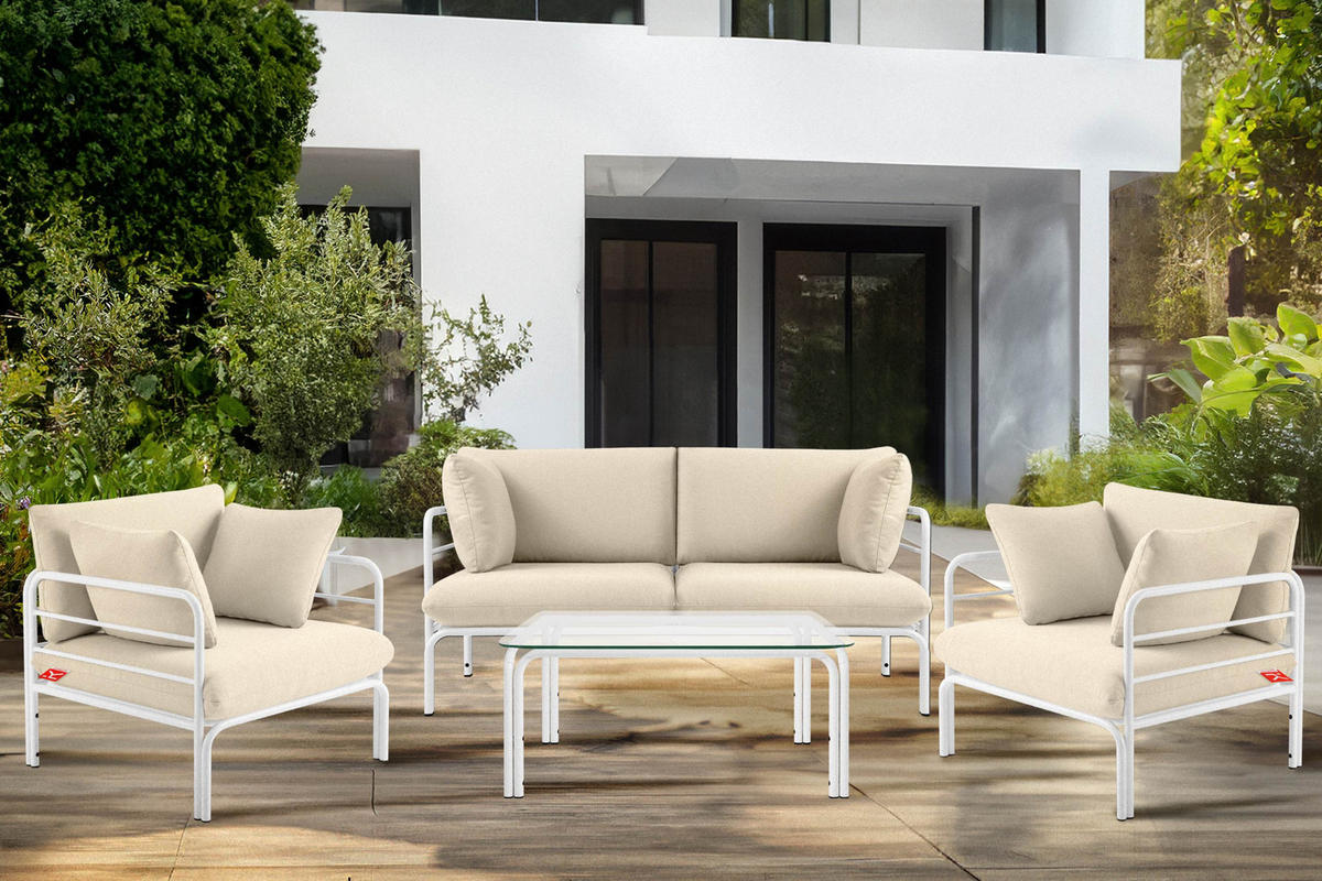 GARTENMÖBELSET RAMBE 4-tlg. 1x Tisch 2x Sessel 1x Sofa 3-Sitzer, mit Auflage, Stahlrahmen, LOFT-STIL, Weiß/Cremeweiß - Creme/Weiß, Textil/Metall - KONSIMO®