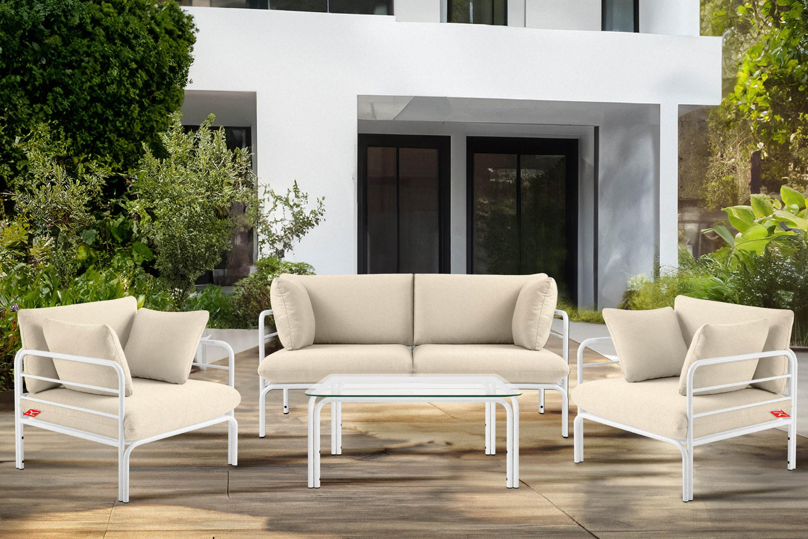 Thumbnail - Konsimo® Gartenmöbelset, Weiß, Creme, Metall, Textil, 4, 4-Sitzer, Füllung: Schaumstoff, rechteckig, Hergestellt in Euro...