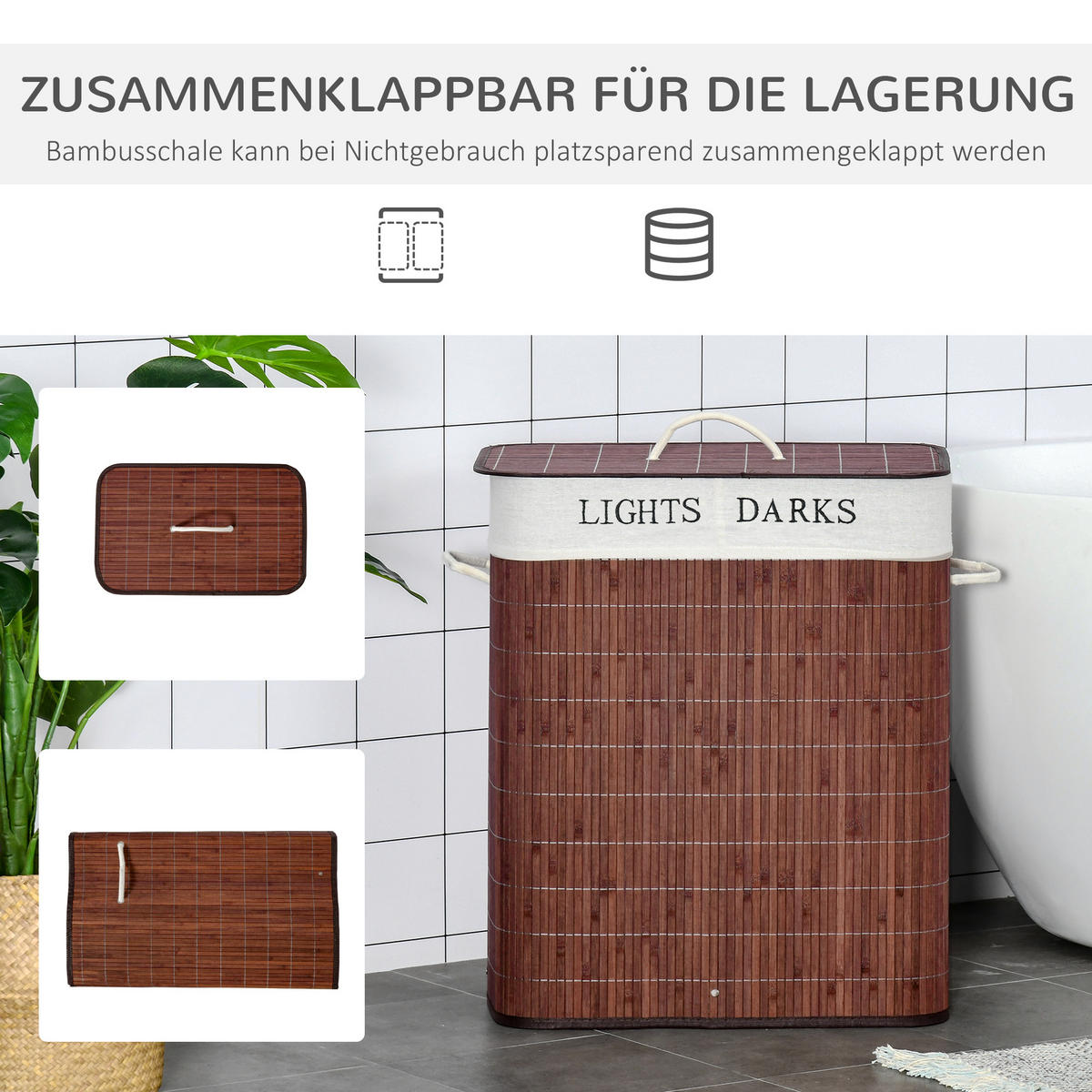 WÄSCHEKORB, Bambus, Polyester Braun+Weiß - Braun, Naturmaterialen (32/63/52cm) - HOMCOM