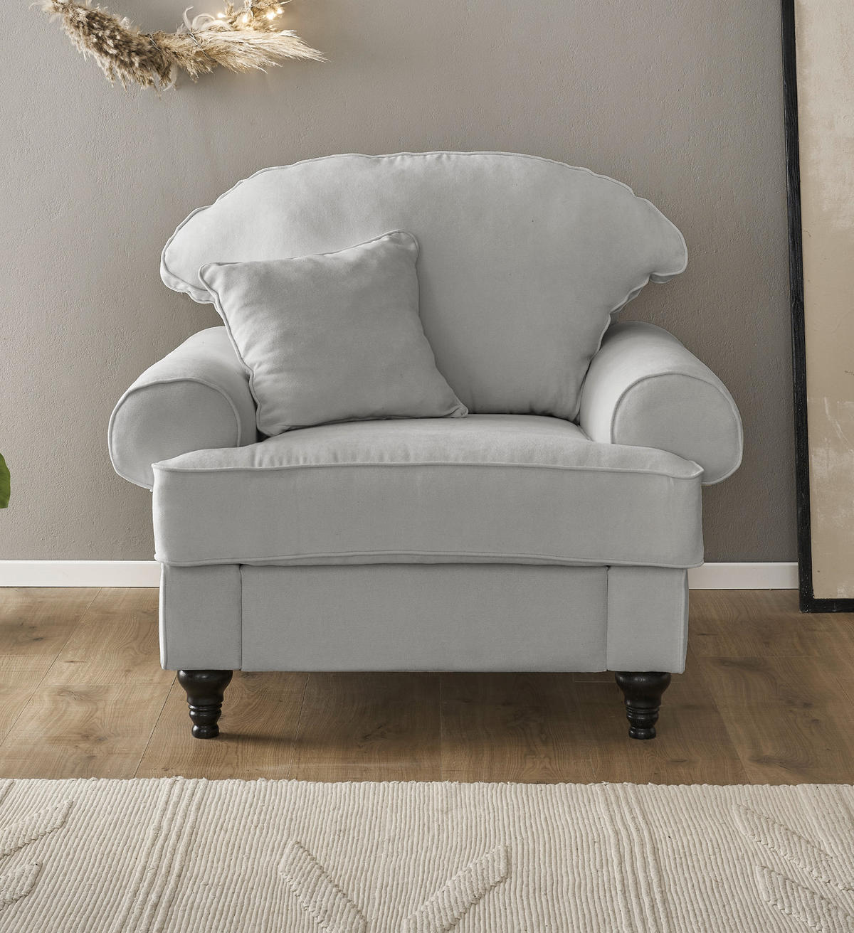 SESSEL hellgrau Landhaus, Loungesessel 110 cm - Hellgrau/Braun, Holz/Textil (110/95/100cm) - Furn.Design
