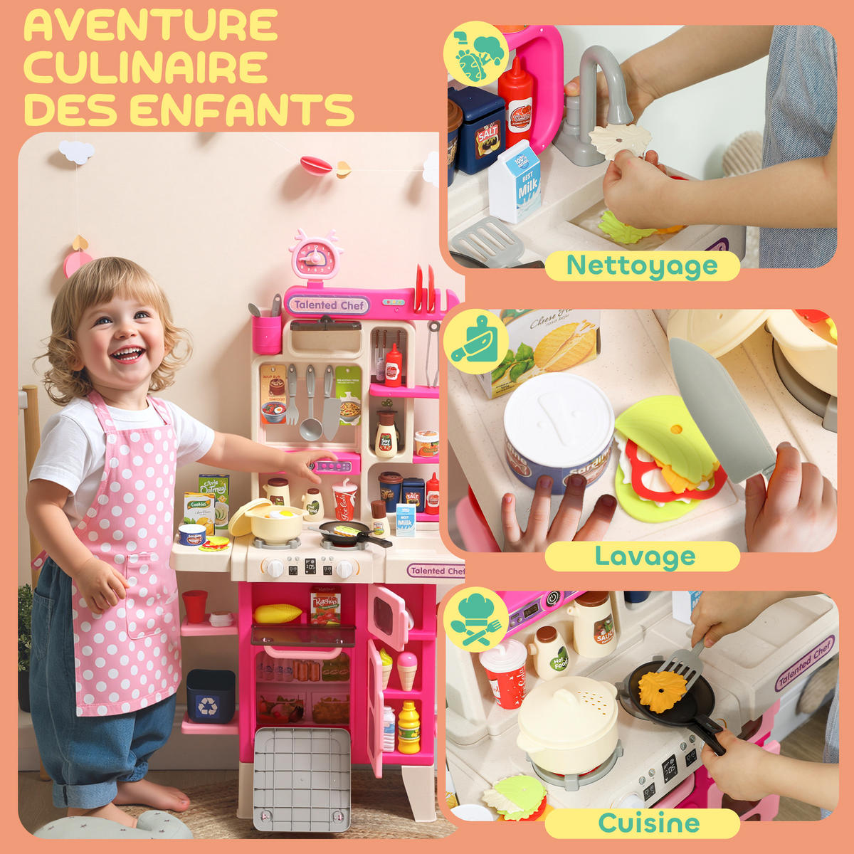 SPIELKÜCHE DE-18738 104-teilig mit Licht, Sound & Nebel Rosa - Pink, Kunststoff (52.5/22/100cm) - ComfortXL
