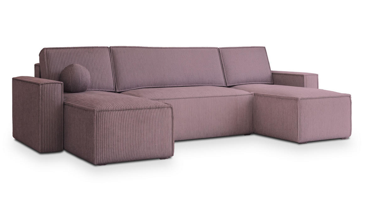 WOHNLANDSCHAFT PESANO P Lila Kordstoff mit Schlaffunktion - Lila, Holz (306/85/140cm) - MASSENO
