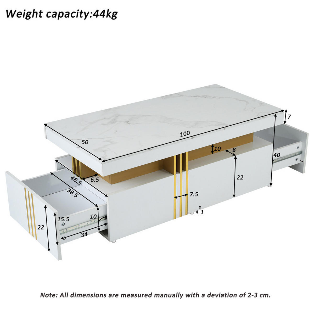 COUCHTISCH 100x50cm Weiß Hochglanz Marmorplatte 2 Holzschubladen Modern - Weiß, Holz (109.22/60.71/14.61cm) - FLIEKS