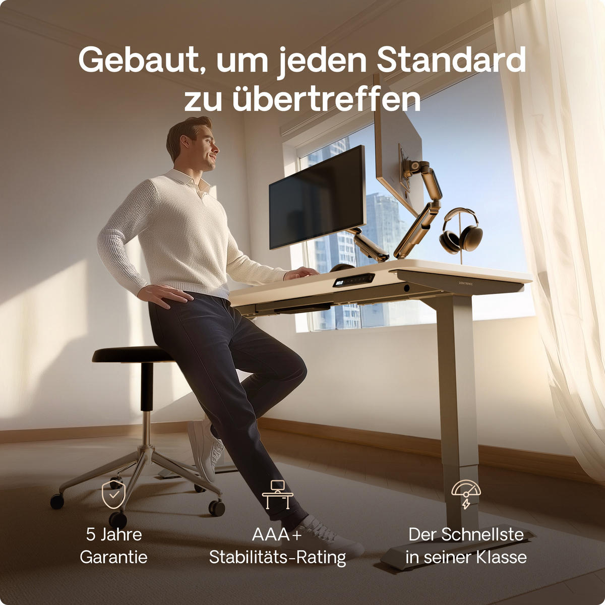 SCHREIBTISCH Elektrisch Höhenverstellbarer HomePro 200x80cm Grau/Weiß mit Memory-Funktion, Anti-Kollisions Technologie - Weiß/Grau, Holzwerkstoff (80/200/62cm) - Desktronic