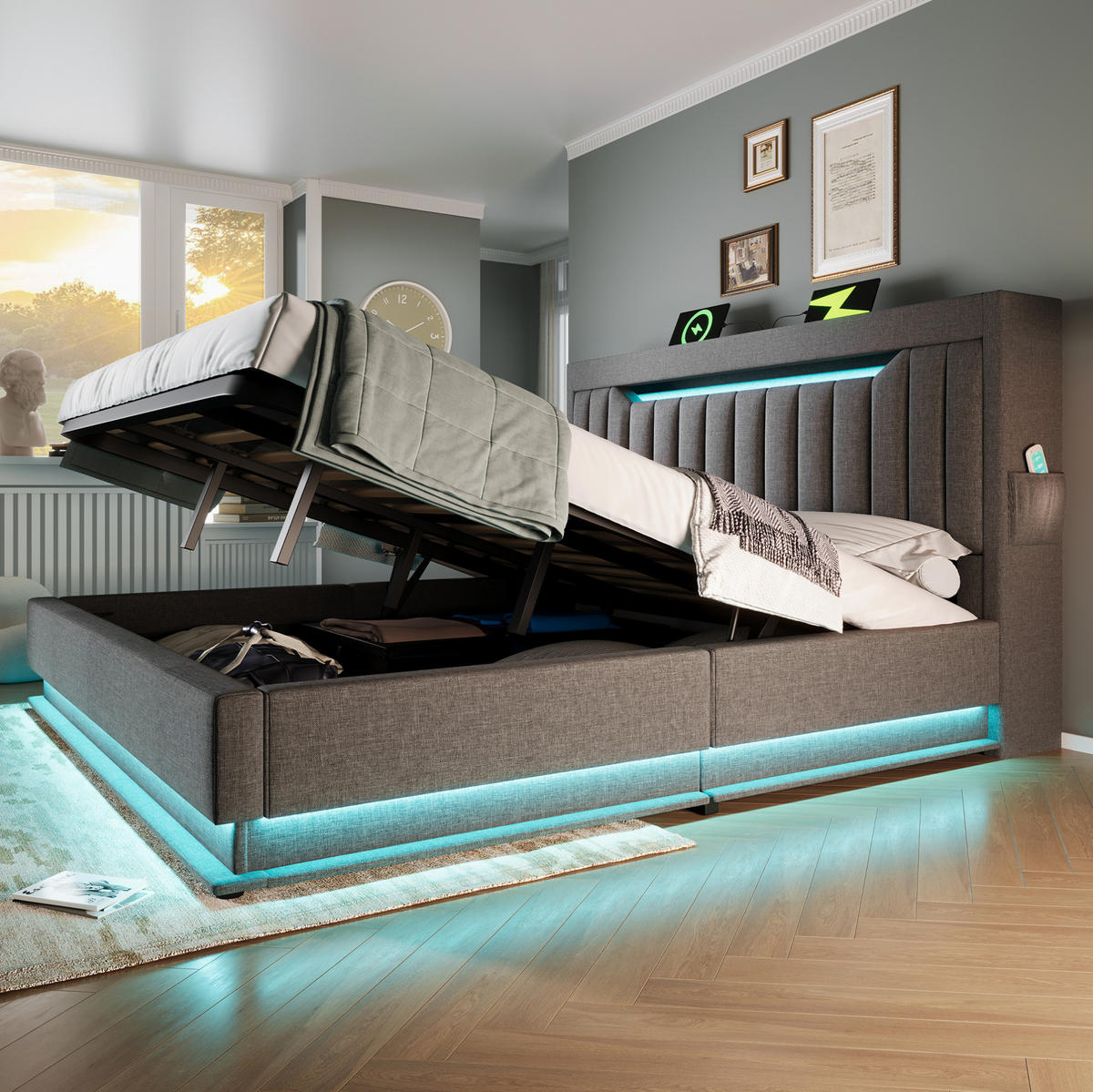 POLSTERBETT 140/200 cm mit Bettkasten, LED-Beleuchtung und gepolstertem Kopfteil - Grau, Textil (140/200cm) - BEAOK