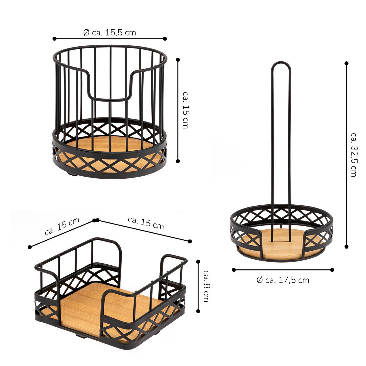 KÜCHENUTENSILIEN 3er Set, Metall, Bambus, schwarz - Schwarz, Metall (17.5/32.5/17.5cm) - bremermann