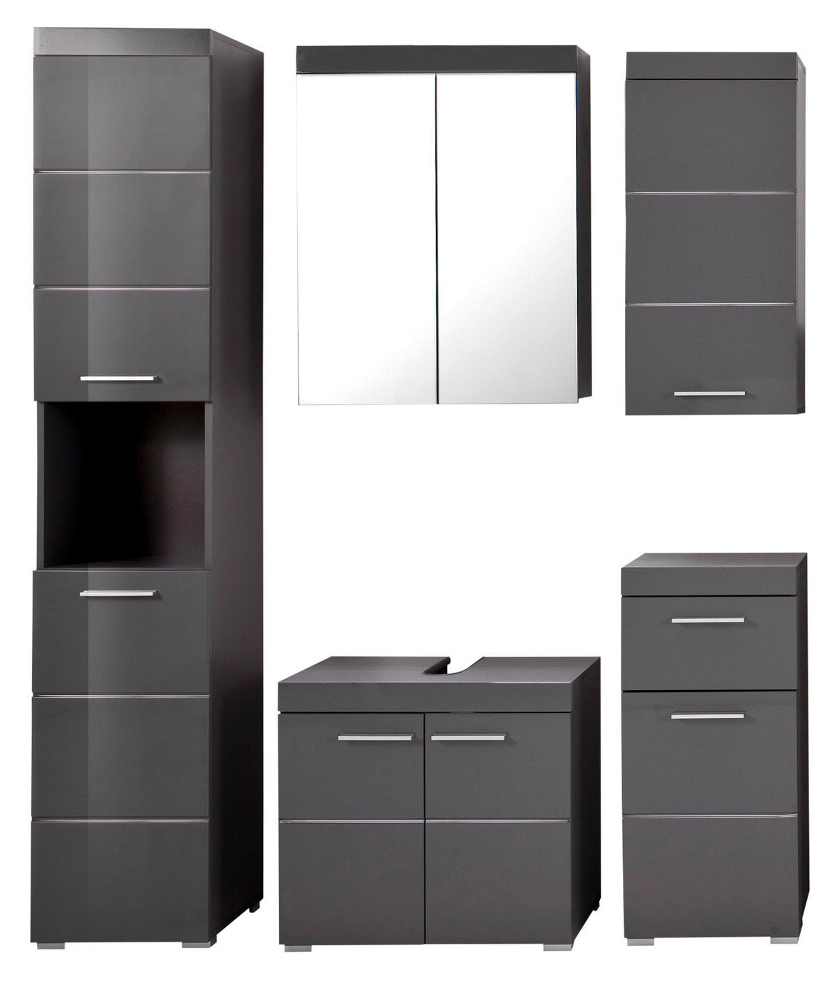 BADMÖBEL-SET grau Hochglanz 5-teilig 163 x 190 cm, Komplett-Set mit viel Stauraum - Grau, Glas/Holzwerkstoff (163/190/34cm) - Top.Furn