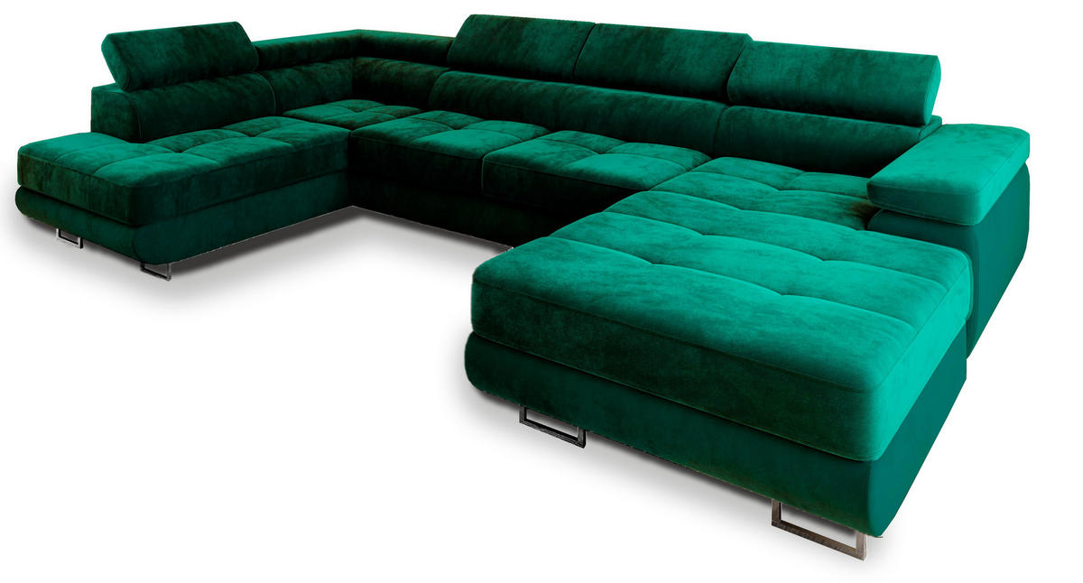 WOHNLANDSCHAFT CASONE L-S Grün Velours-Stoff mit Schlaffunktion - Grün, Holz (345/90/202cm) - MASSENO