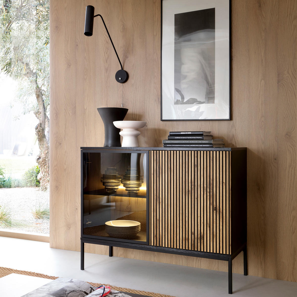 KOMMODE SENTIERO 104/83/39 cm mit LED 2 Türen Schwarz - Eiche Wotan/Schwarz, Holzwerkstoff (104/83/39cm) - MASSENO