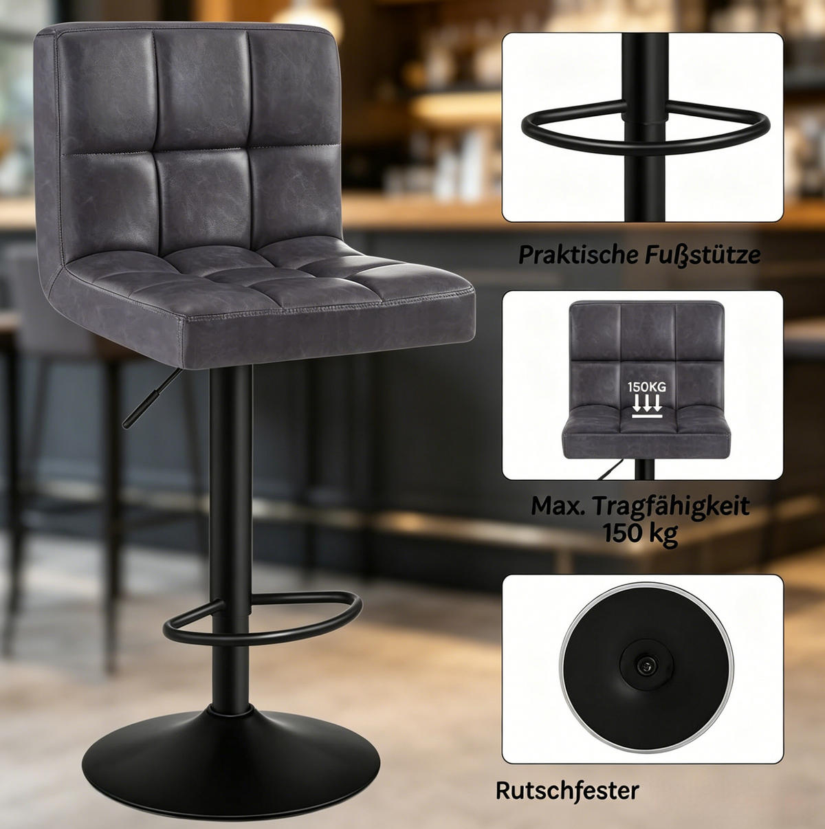 BARHOCKER Anthrazit höhenverstellbar mit Rückenlehne und Armlehnen - Anthrazit, Metall (44/114/38cm) - MIVRAY