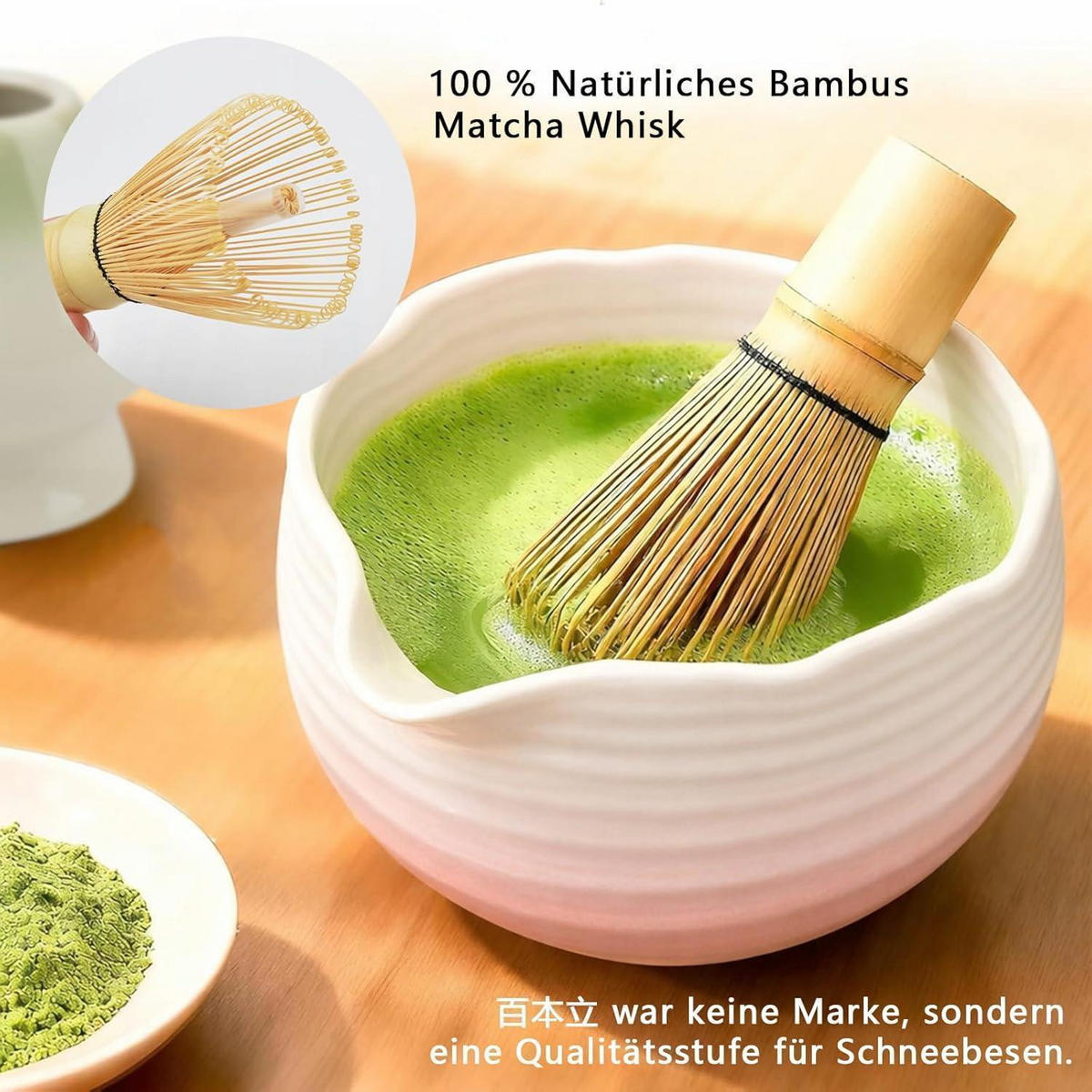 MATCHA Set 8-teilig mit Schale und Bambusbesen - Pink, Keramik (20.3/1/29.5cm)