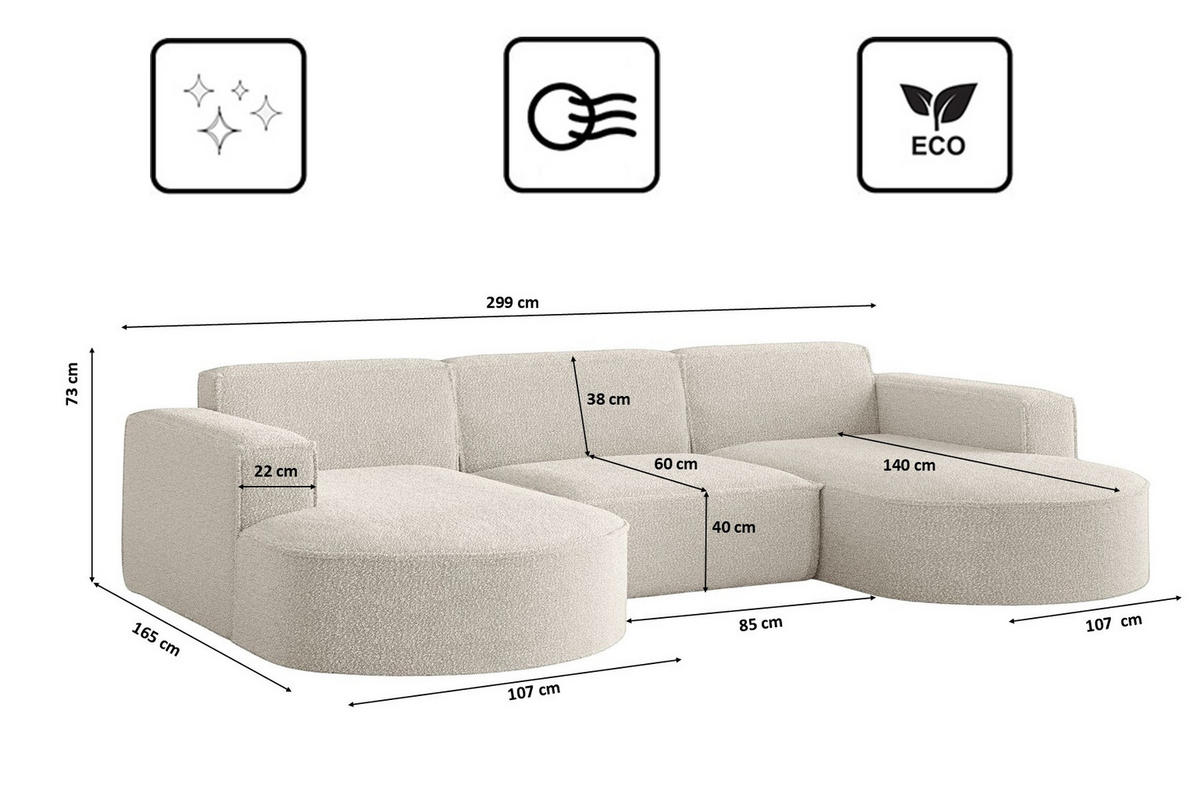 ECKSOFA Designer, Sofa U Form MODENA Stoff Loop Perle - Champagner, Holz/Textil (299/165cm) - Kaiser Möbel